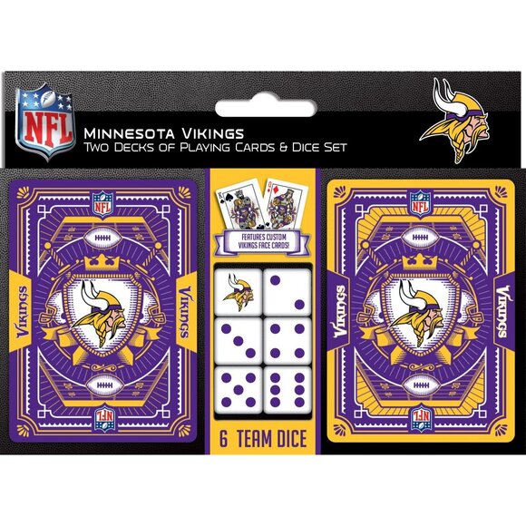 NFL Minnesota Vikings Playing Cards & Dice Set Includes 2 Decks & 6 Dice With Cu - Picture 1 of 3